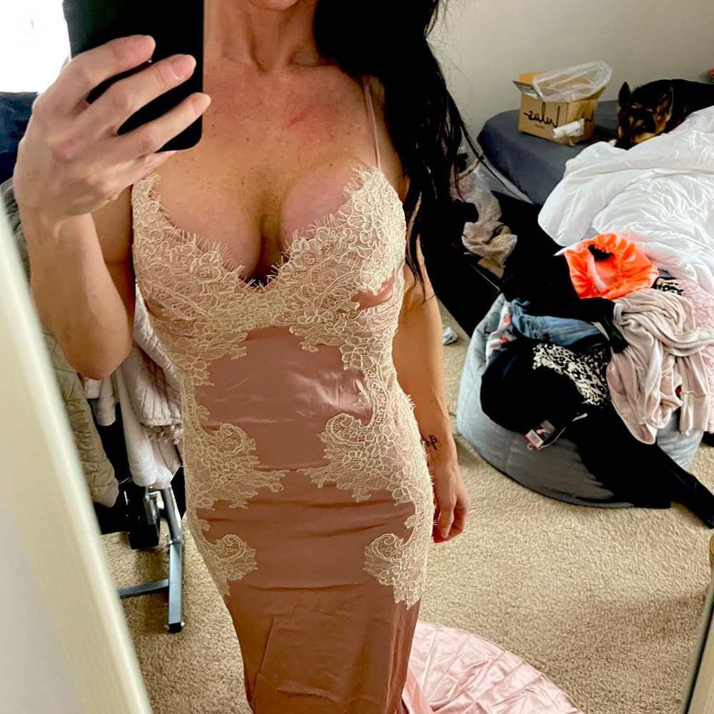 NWT unaltered satin gown, pink with beige lace